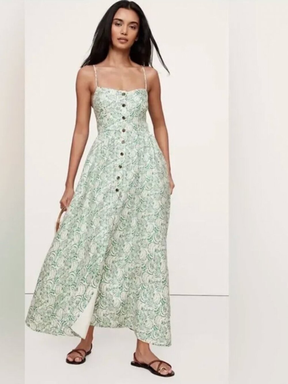 NWT Linen Corset Maxi Dress Novelty Shell Print Green